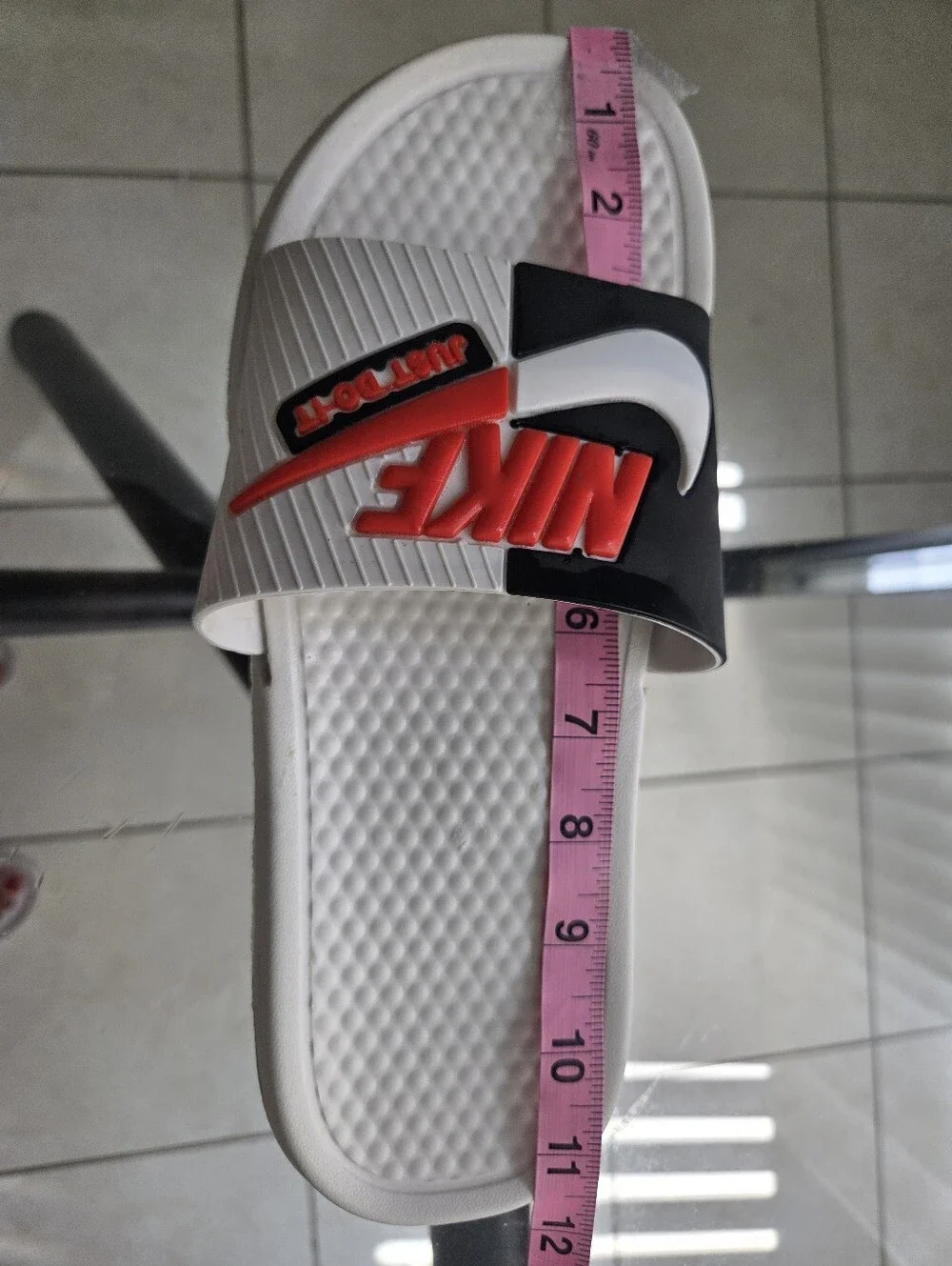 Nike Benassi JDI White and Black Slides with Red Logo Accent